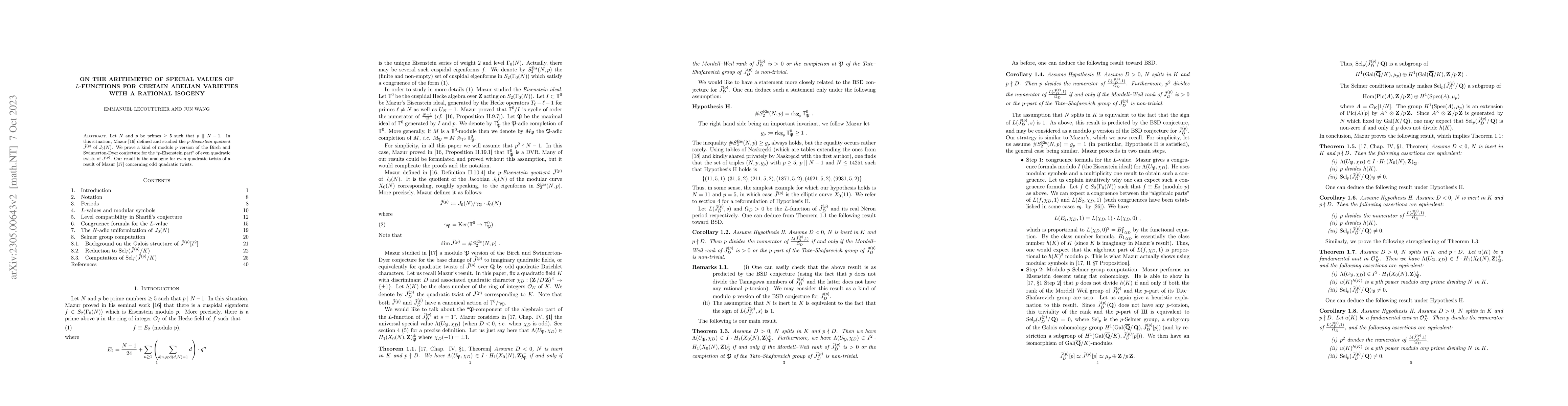 Thumbnail for On the arithmetic of special values of $L$-functions for certain abelian
  varieties with a rational isogeny