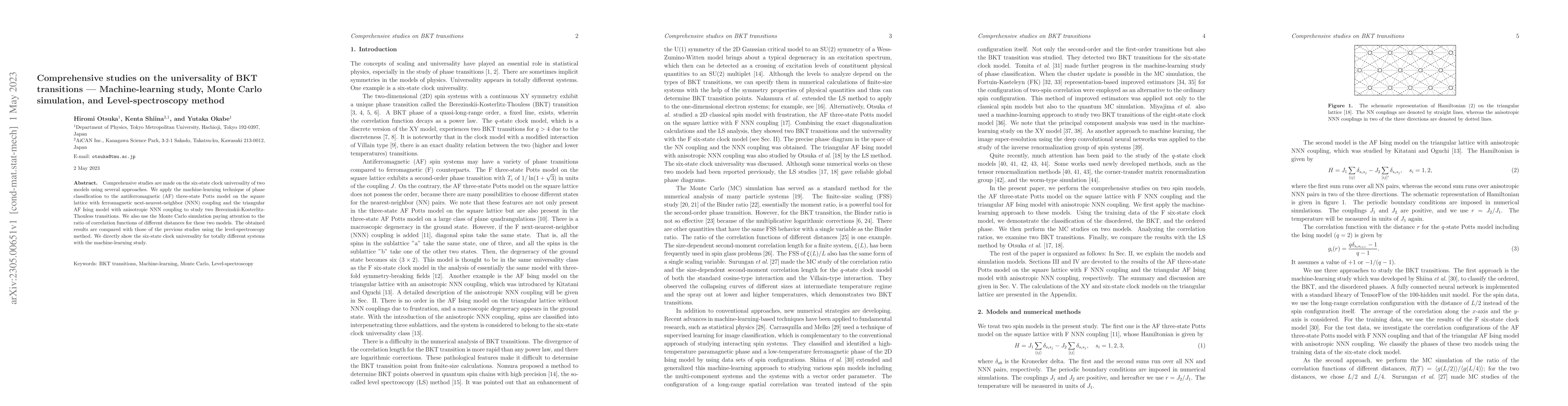 Thumbnail for Comprehensive studies on the universality of BKT transitions --
  Machine-learning study, Monte Carlo simulation, and Level-spectroscopy method