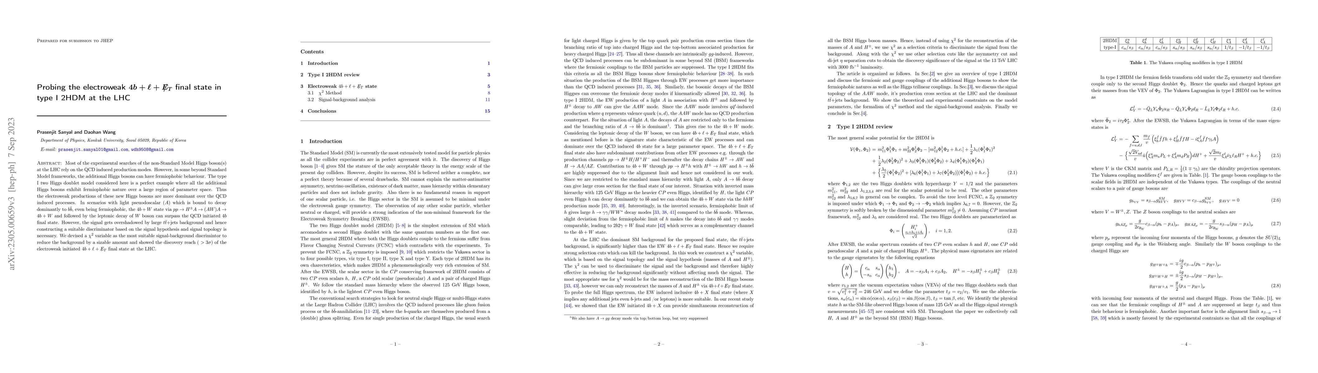 Thumbnail for Probing the electroweak $4b + \ell + {\rlap{\,/}{E}_T}$ final state in
  type I 2HDM at the LHC