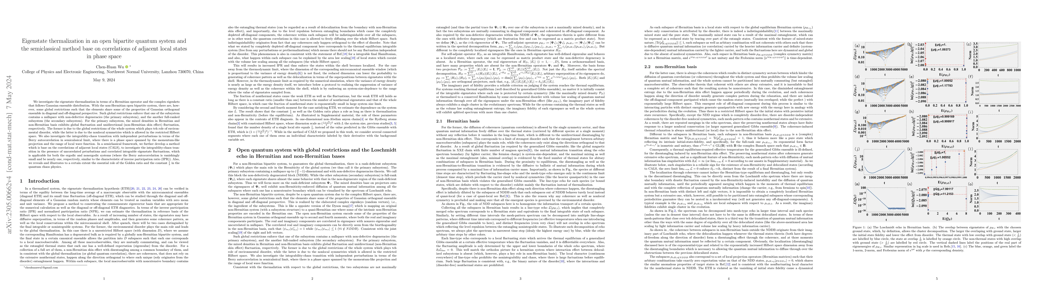 Thumbnail for Eigenstate thermalization in an open bipartite quantum system and the
  semiclassical method base on correlations of adjacent local states in phase
  space