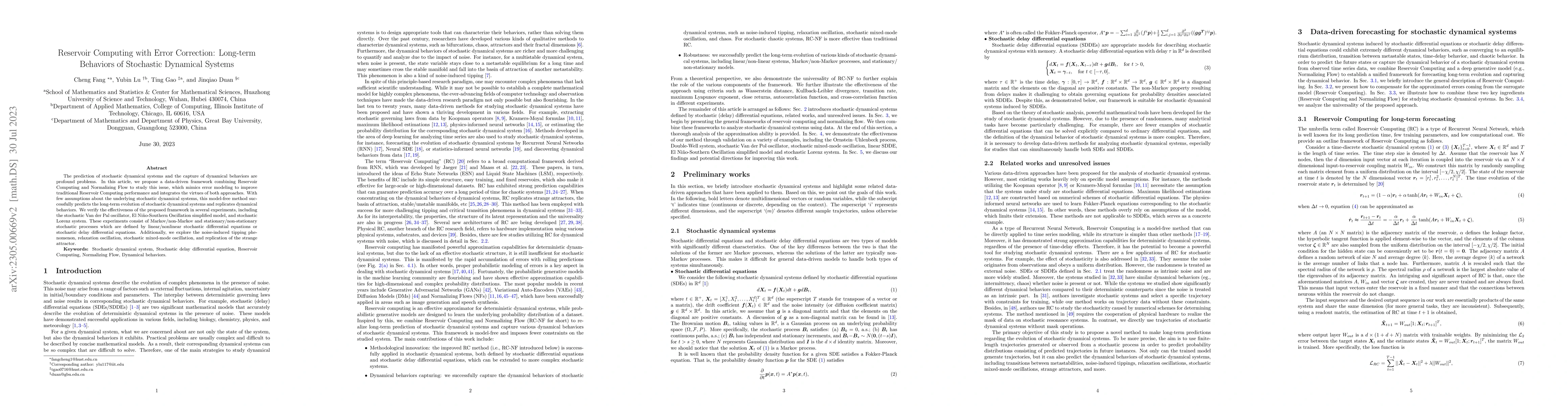 Thumbnail for Reservoir Computing with Error Correction: Long-term Behaviors of
  Stochastic Dynamical Systems
