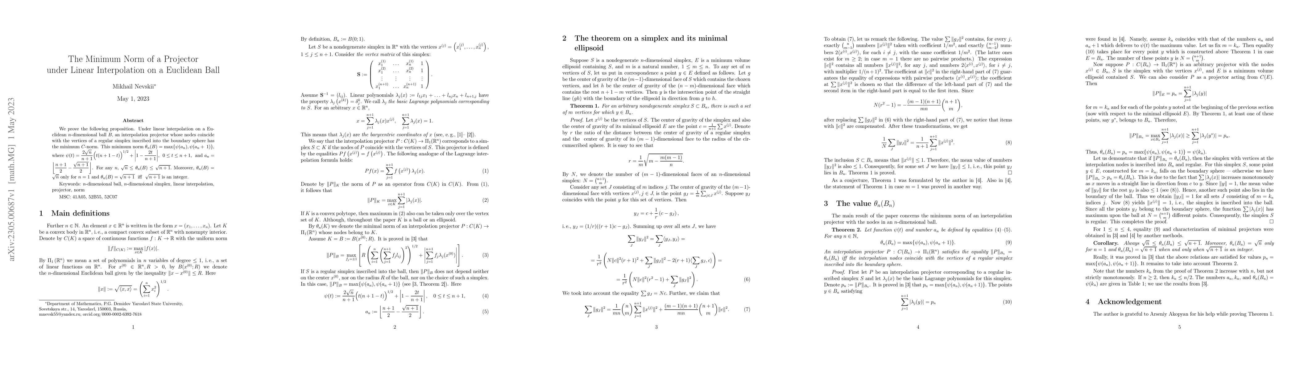 Thumbnail for The Minimum Norm of a Projector under Linear Interpolation on a
  Euclidean Ball