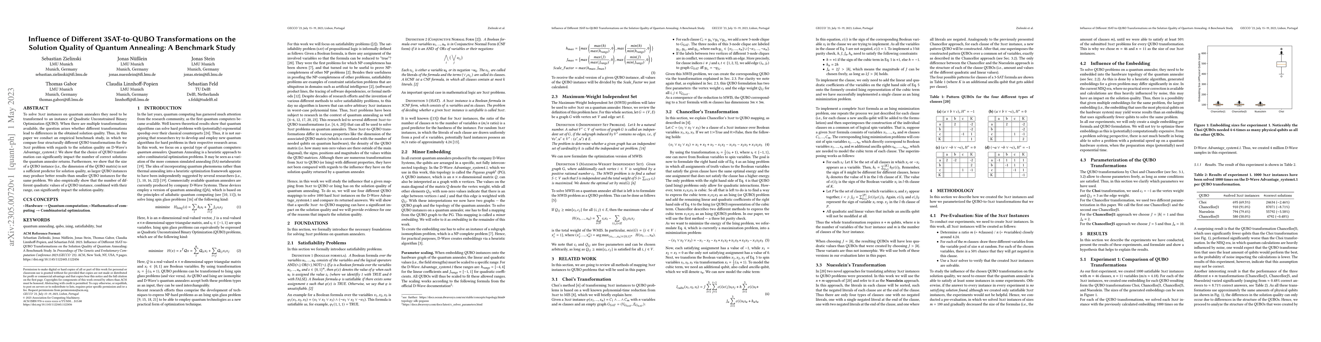Thumbnail for Influence of Different 3SAT-to-QUBO Transformations on the Solution
  Quality of Quantum Annealing: A Benchmark Study