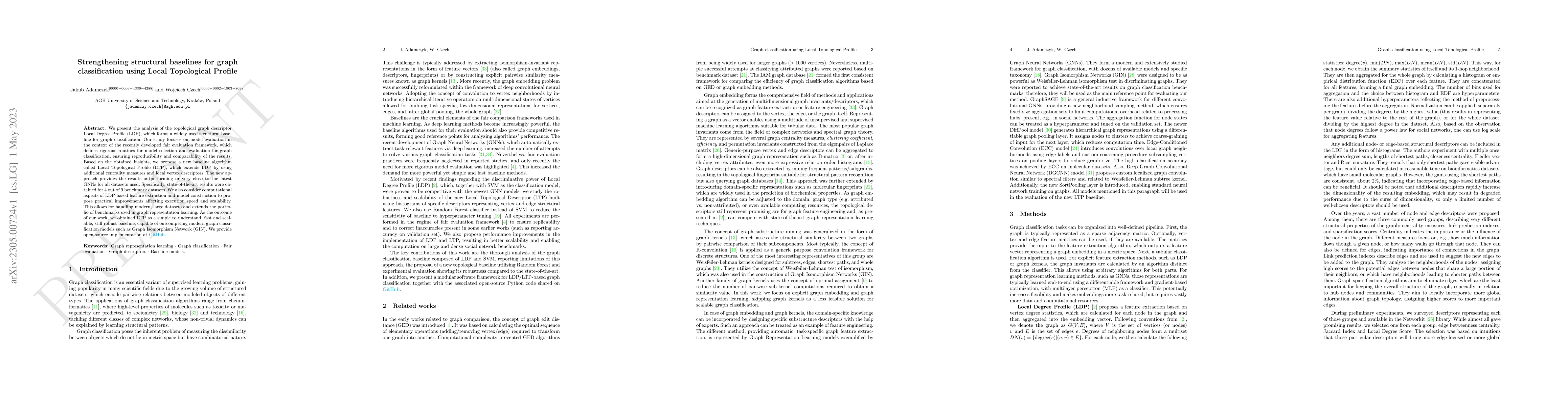 Thumbnail for Strengthening structural baselines for graph classification using Local
  Topological Profile