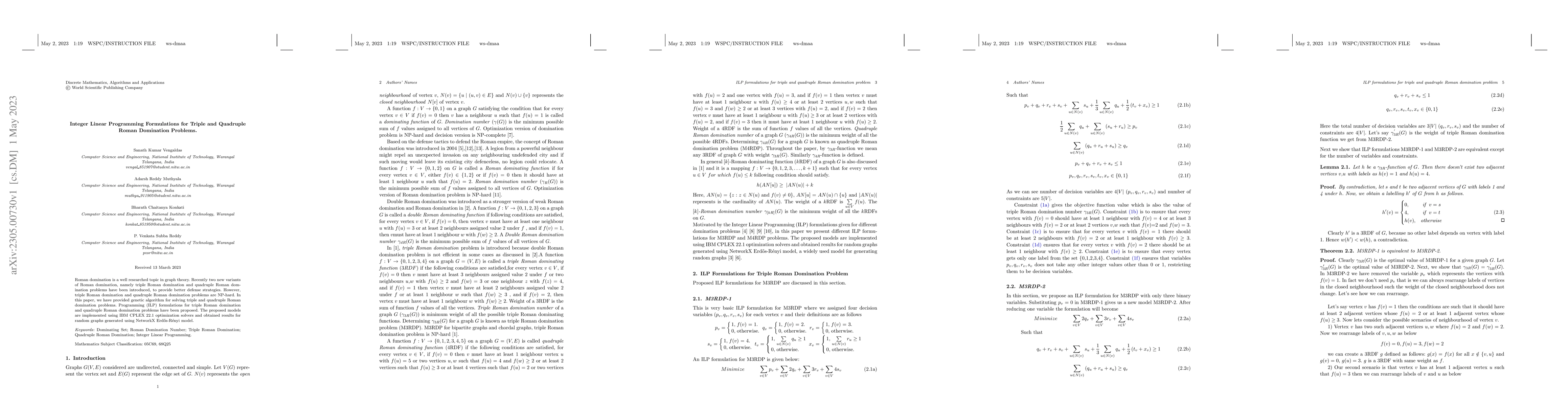 Thumbnail for Integer Linear Programming Formulations for Triple and Quadruple Roman
  Domination Problems