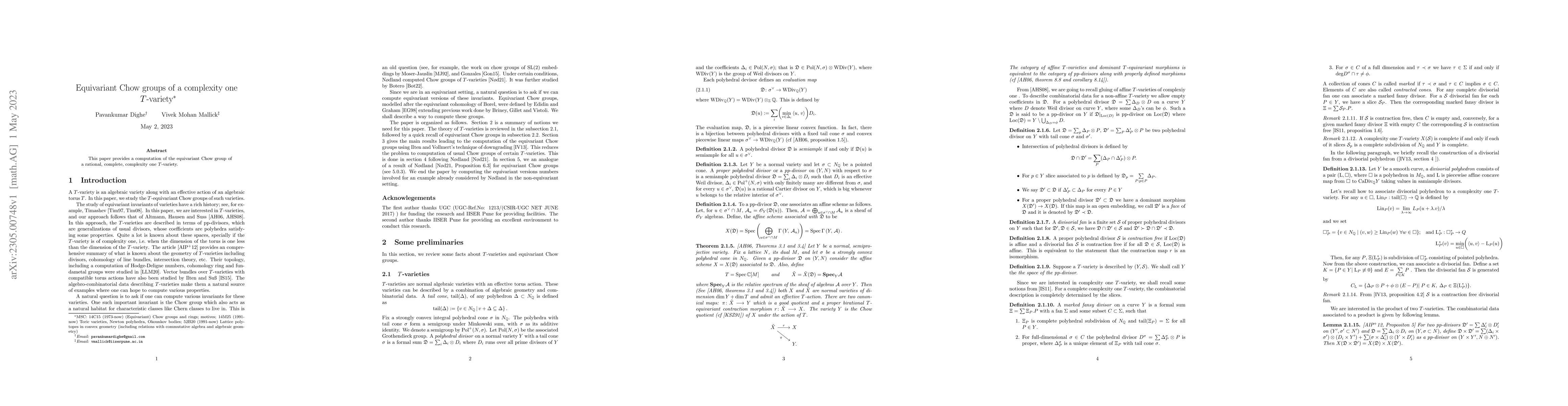 Thumbnail for Equivariant Chow groups of a complexity one T-variety