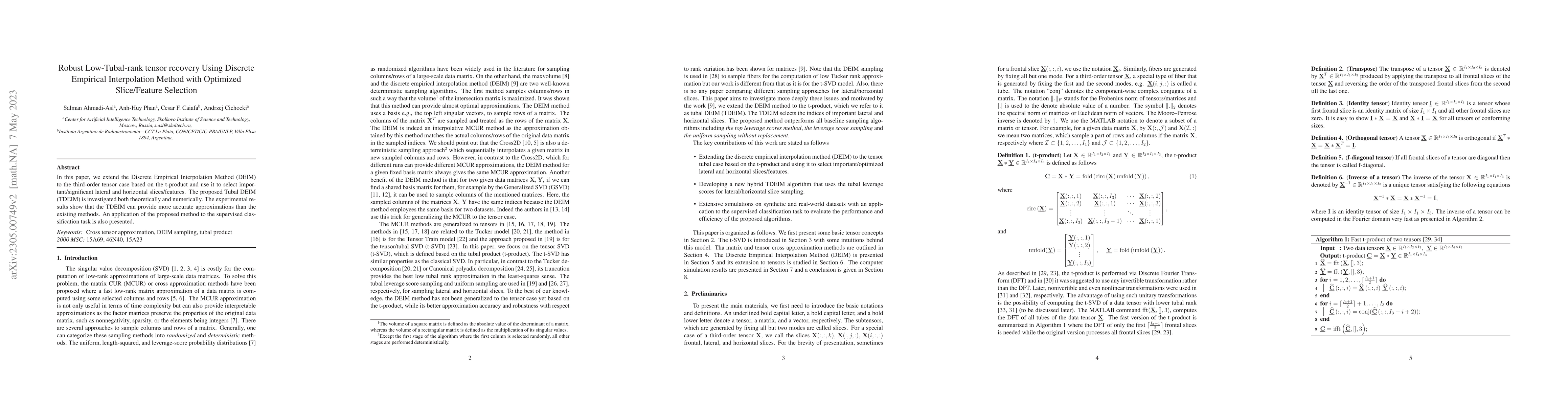Thumbnail for Robust Low-Tubal-rank tensor recovery Using Discrete Empirical
  Interpolation Method with Optimized Slice/Feature Selection
