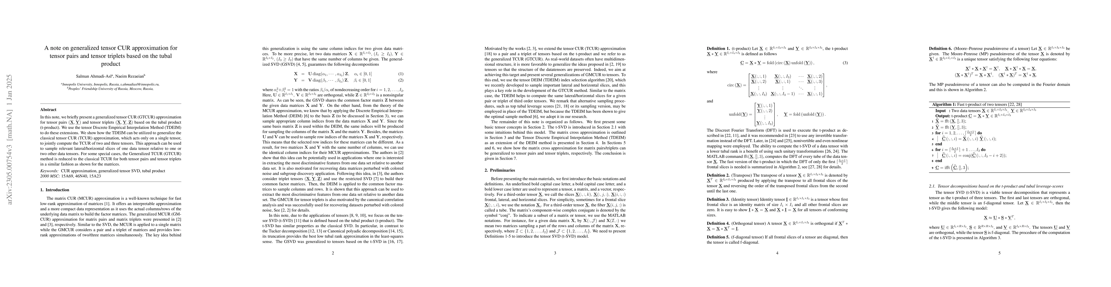 Thumbnail for A note on generalized tensor CUR approximation for tensor pairs and
  tensor triplets based on the tubal product