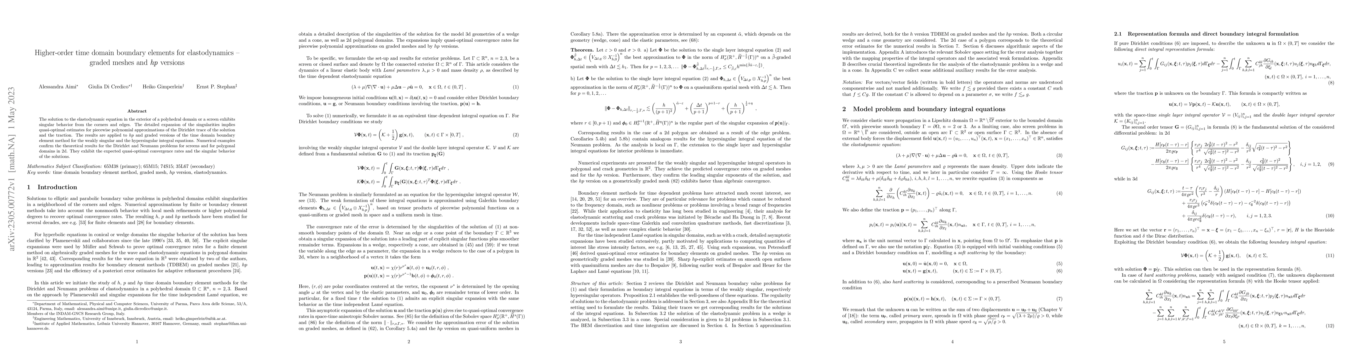 Thumbnail for Higher-order time domain boundary elements for elastodynamics -- graded
  meshes and hp versions