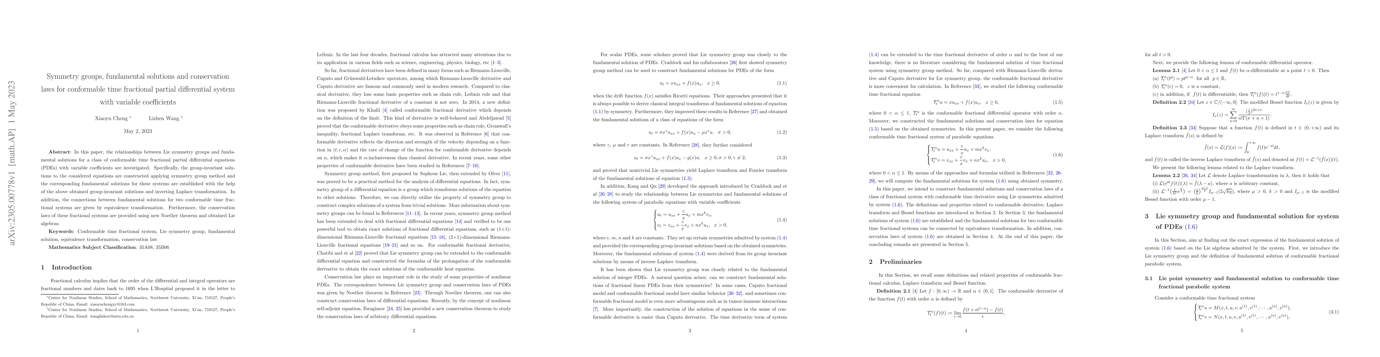 Thumbnail for Symmetry groups, fundamental solutions and conservation laws for
  conformable time fractional partial differential system with variable
  coefficients