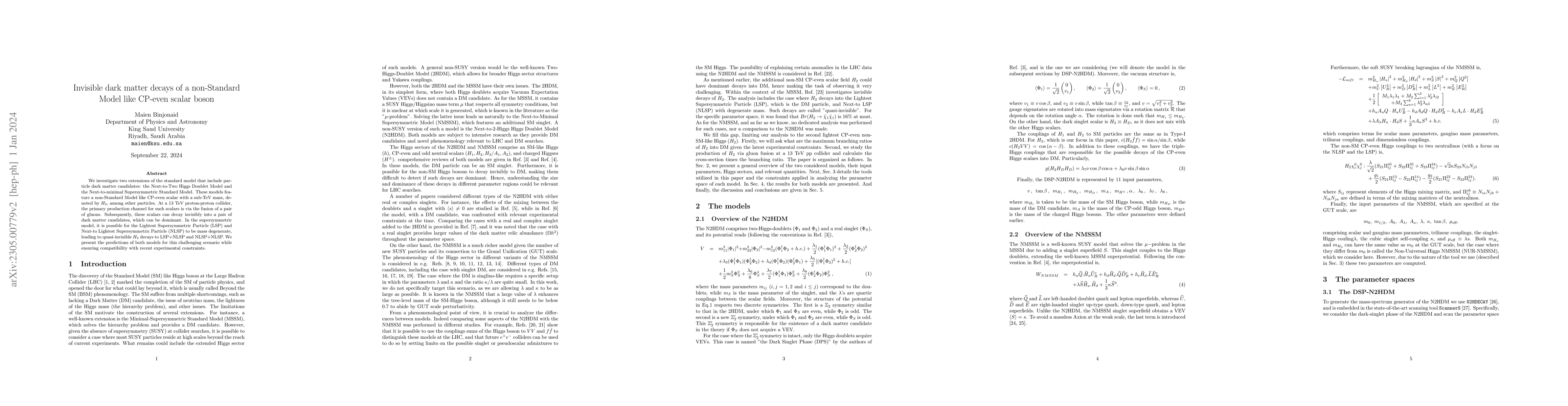 Thumbnail for Invisible dark matter decays of a non-Standard Model like CP-even scalar
  boson