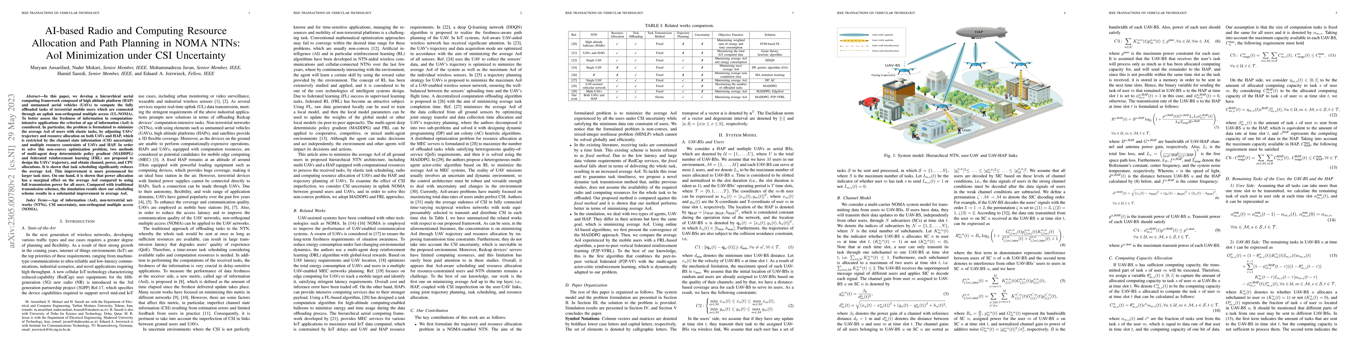 Thumbnail for AI-based Radio and Computing Resource Allocation and Path Planning in
  NOMA NTNs: AoI Minimization under CSI Uncertainty