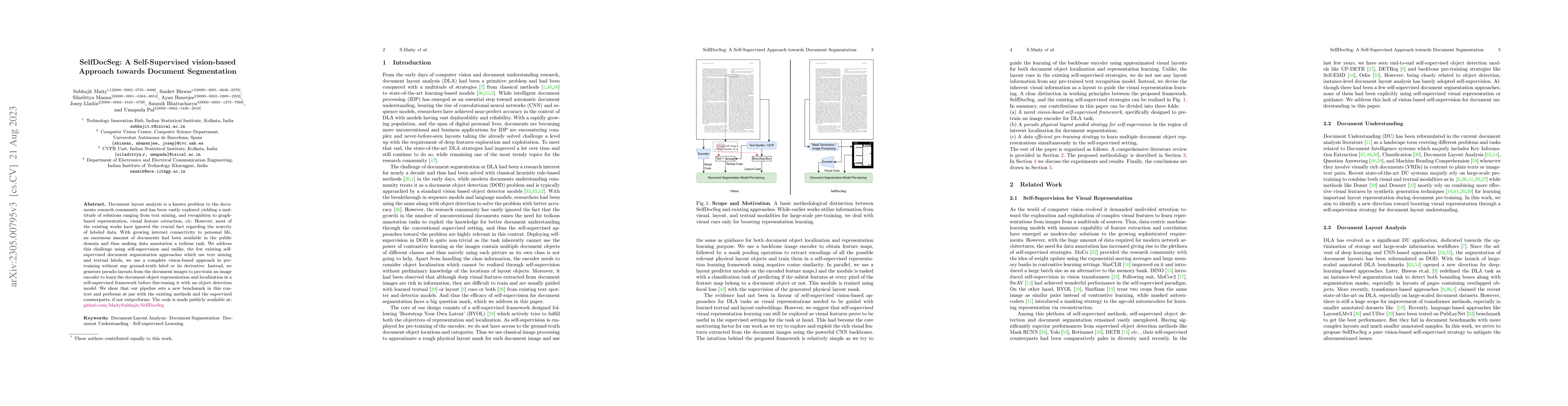 Thumbnail for SelfDocSeg: A Self-Supervised vision-based Approach towards Document
  Segmentation