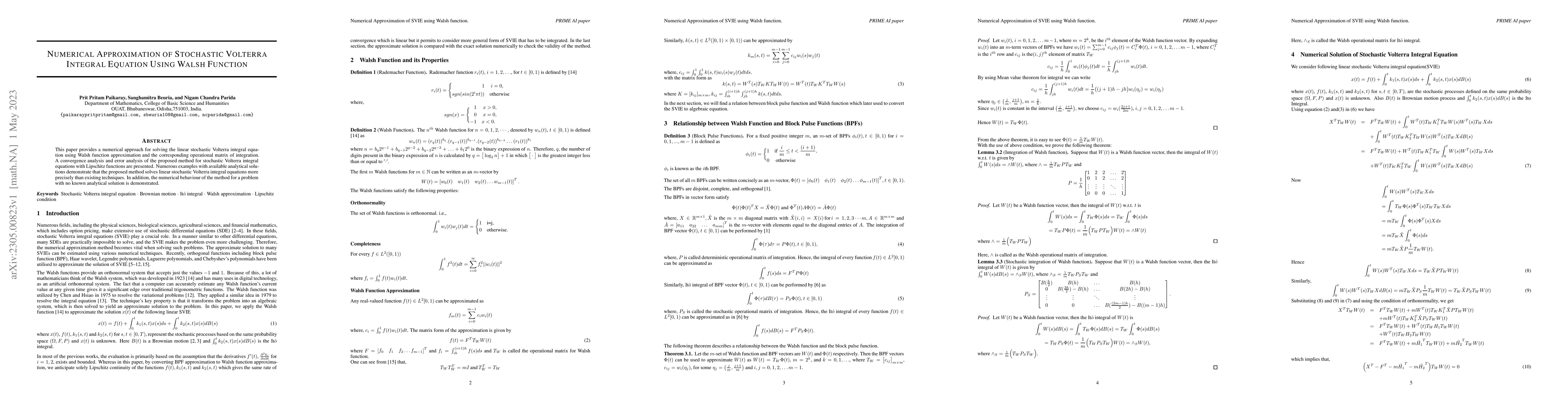 Thumbnail for Numerical Approximation of Stochastic Volterra Integral Equation Using
  Walsh Function