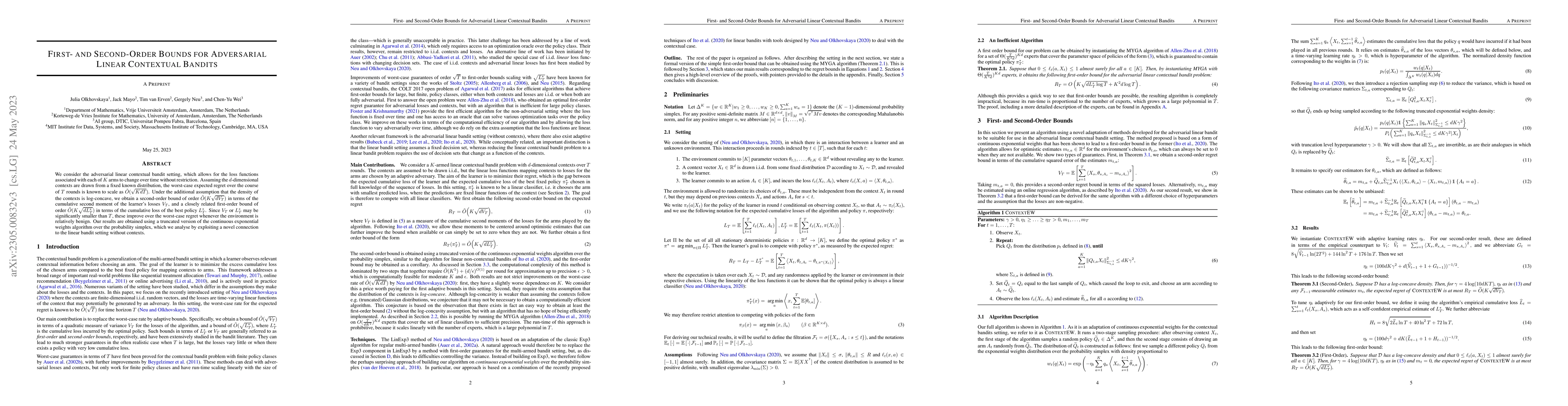 Thumbnail for First- and Second-Order Bounds for Adversarial Linear Contextual Bandits