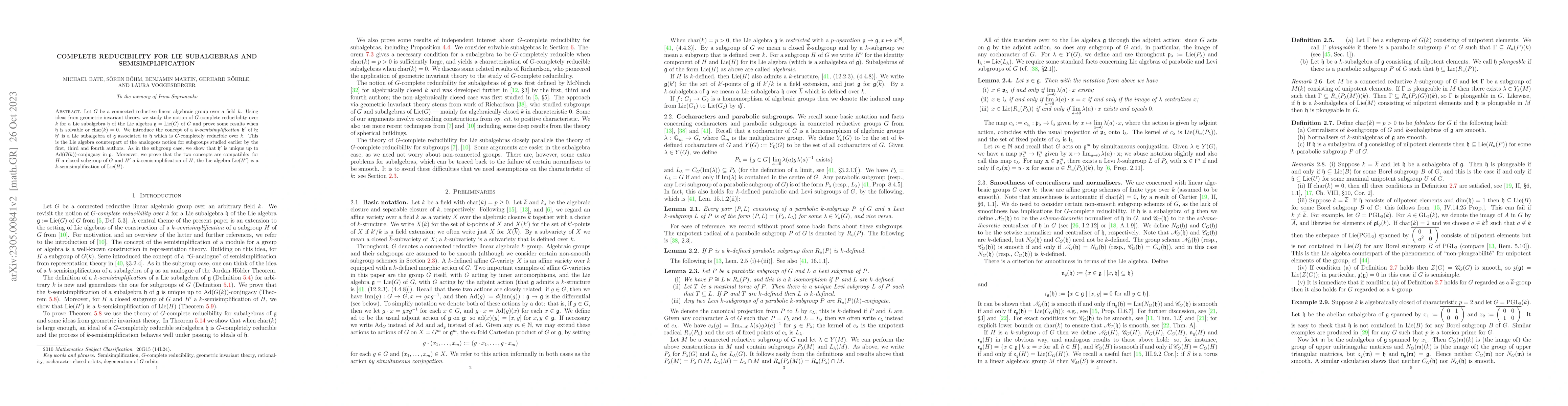 Thumbnail for Complete reducibility for Lie subalgebras and semisimplification
