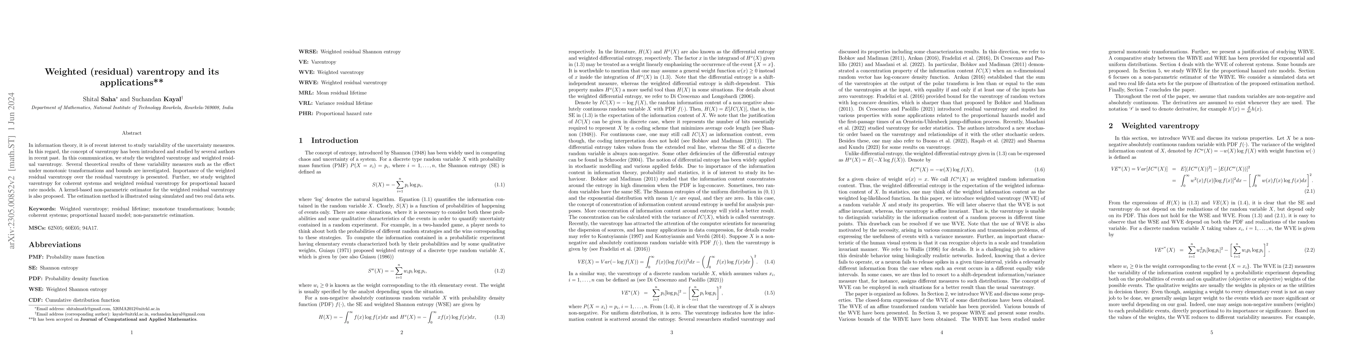 Thumbnail for Weighted (residual) varentropy and its applications