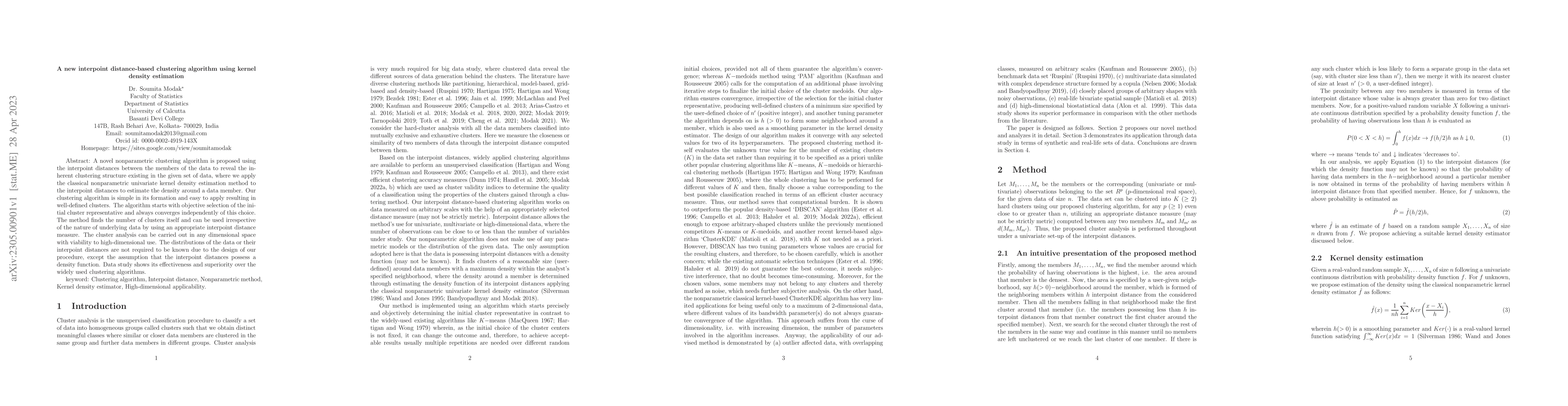 Thumbnail for A new interpoint distance-based clustering algorithm using kernel
  density estimation