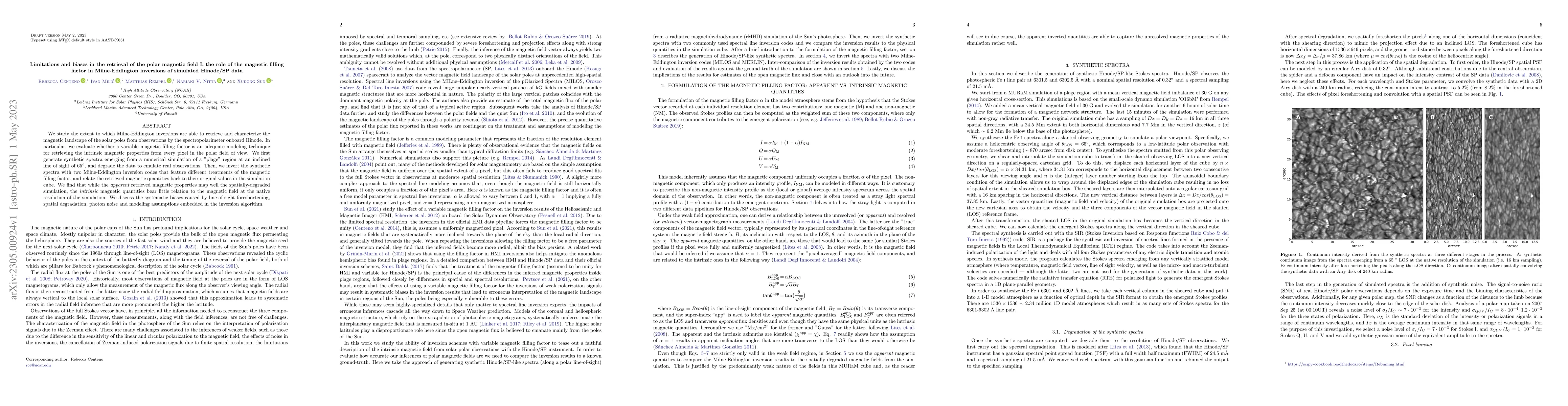 Thumbnail for Limitations and biases in the retrieval of the polar magnetic field I:
  the role of the magnetic filling factor in Milne-Eddington inversions of
  simulated Hinode/SP data