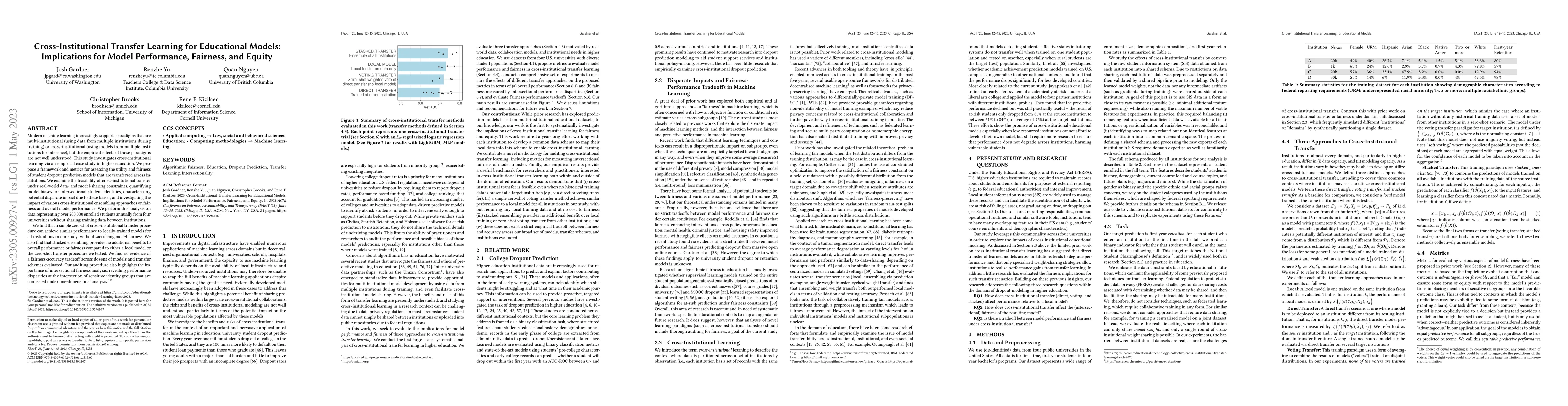 Thumbnail for Cross-Institutional Transfer Learning for Educational Models:
  Implications for Model Performance, Fairness, and Equity