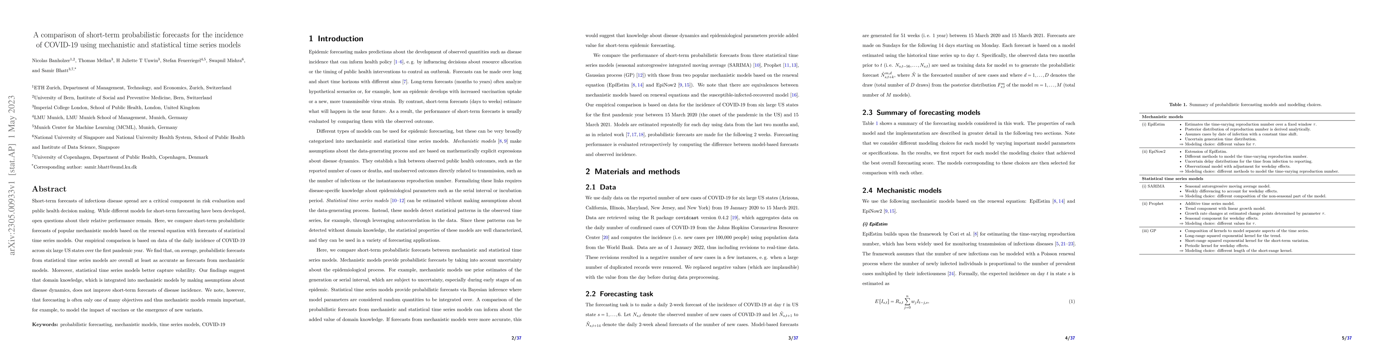 Thumbnail for A comparison of short-term probabilistic forecasts for the incidence of
  COVID-19 using mechanistic and statistical time series models