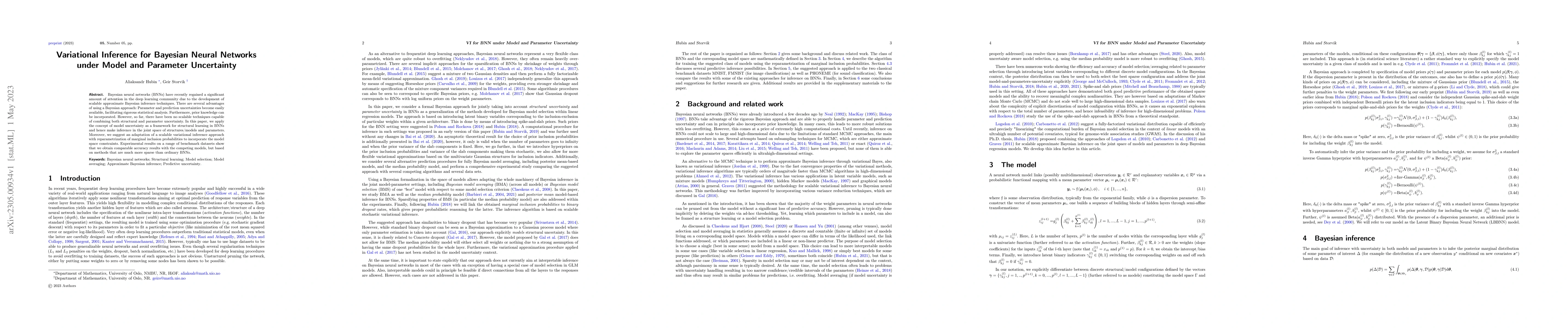 Thumbnail for Variational Inference for Bayesian Neural Networks under Model and
  Parameter Uncertainty