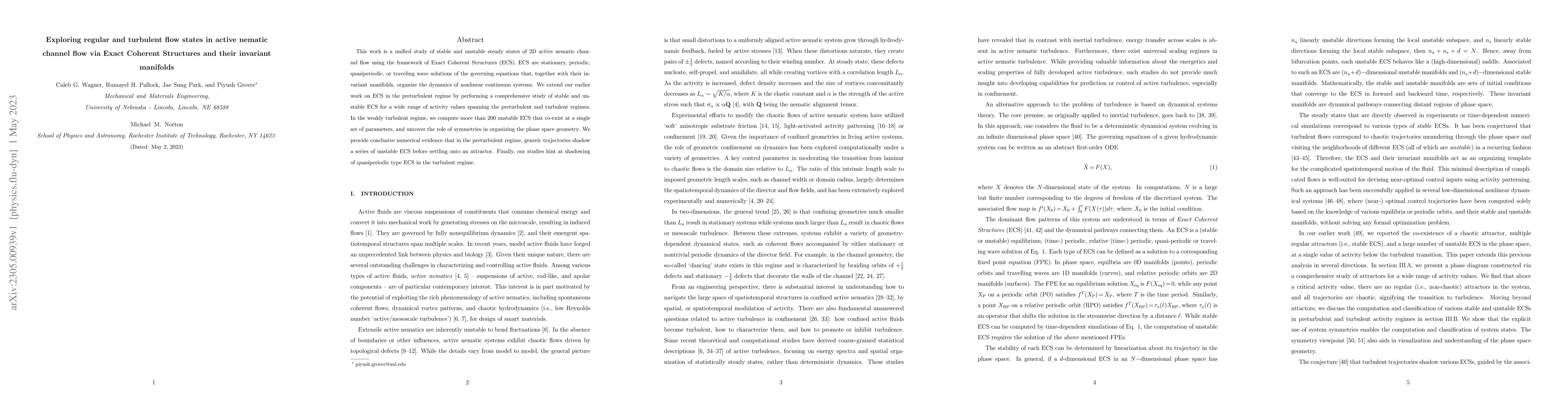 Thumbnail for Exploring regular and turbulent flow states in active nematic channel
  flow via Exact Coherent Structures and their invariant manifolds