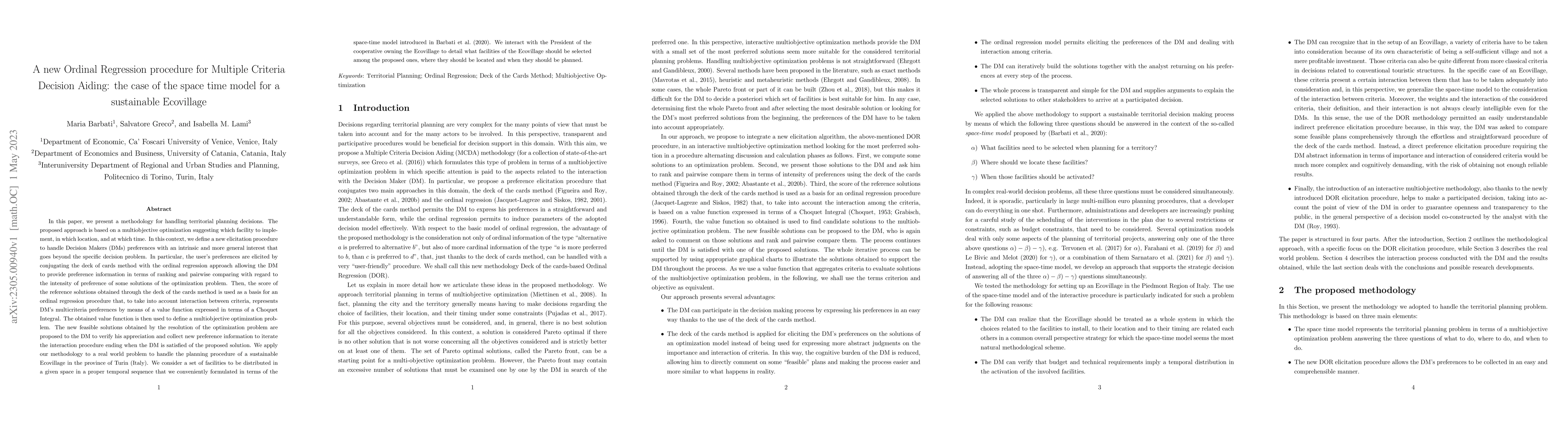 Thumbnail for A new Ordinal Regression procedure for Multiple Criteria Decision
  Aiding: the case of the space time model for a sustainable Ecovillage