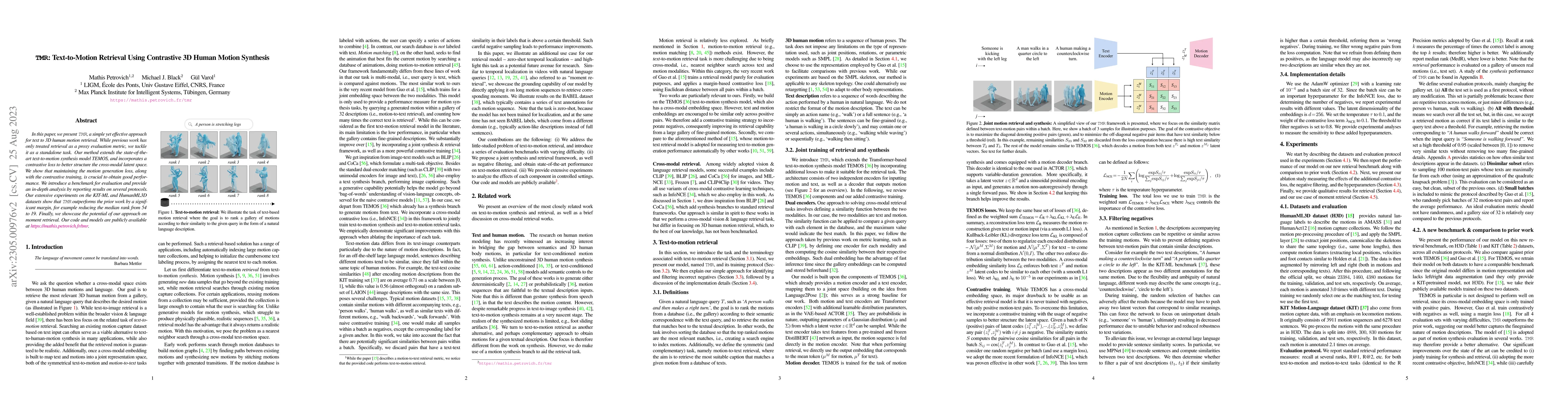 Thumbnail for TMR: Text-to-Motion Retrieval Using Contrastive 3D Human Motion
  Synthesis