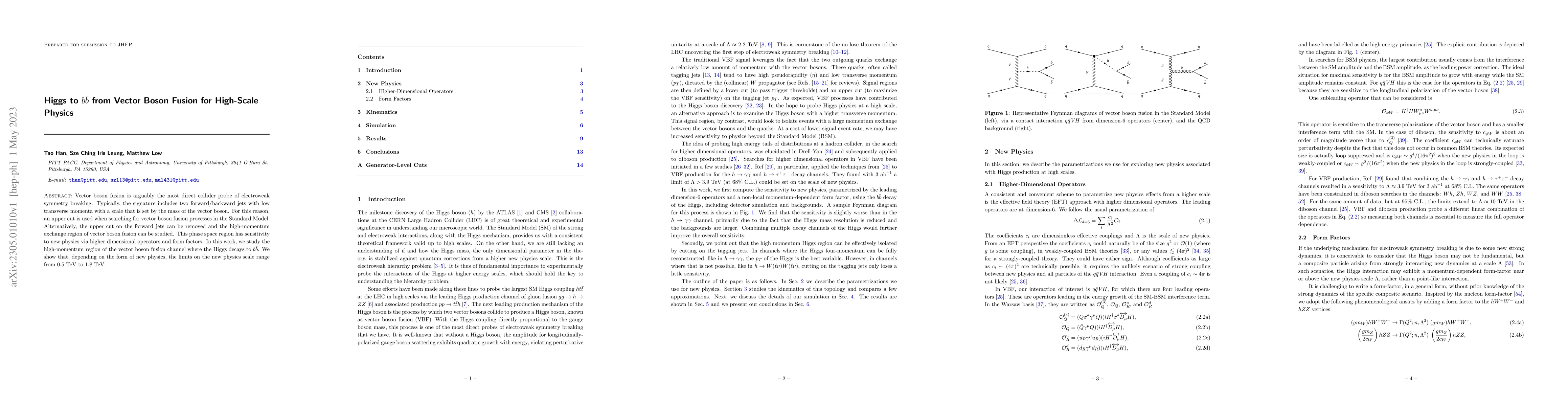 Thumbnail for Higgs to $b\bar{b}$ from Vector Boson Fusion for High-Scale Physics