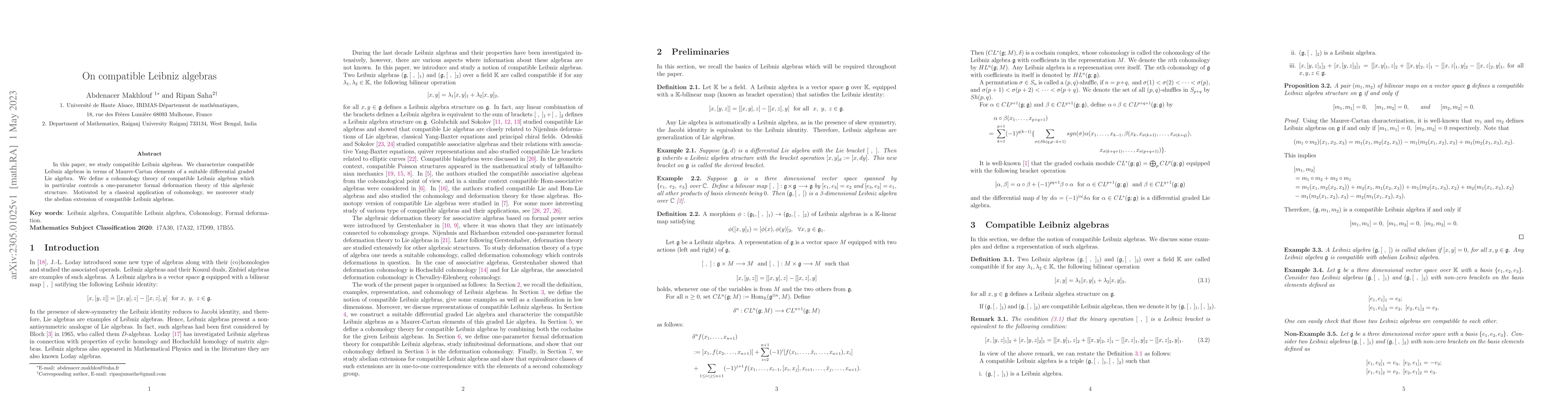 Thumbnail for On compatible Leibniz algebras
