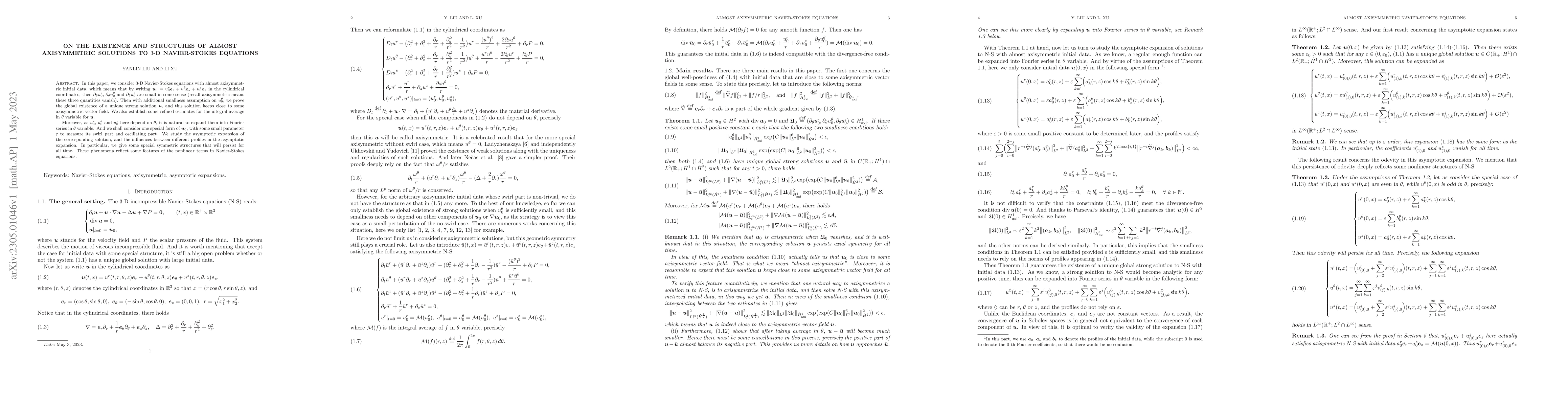 Thumbnail for On the existence and structures of almost axisymmetric solutions to 3-D
  Navier-Stokes equations