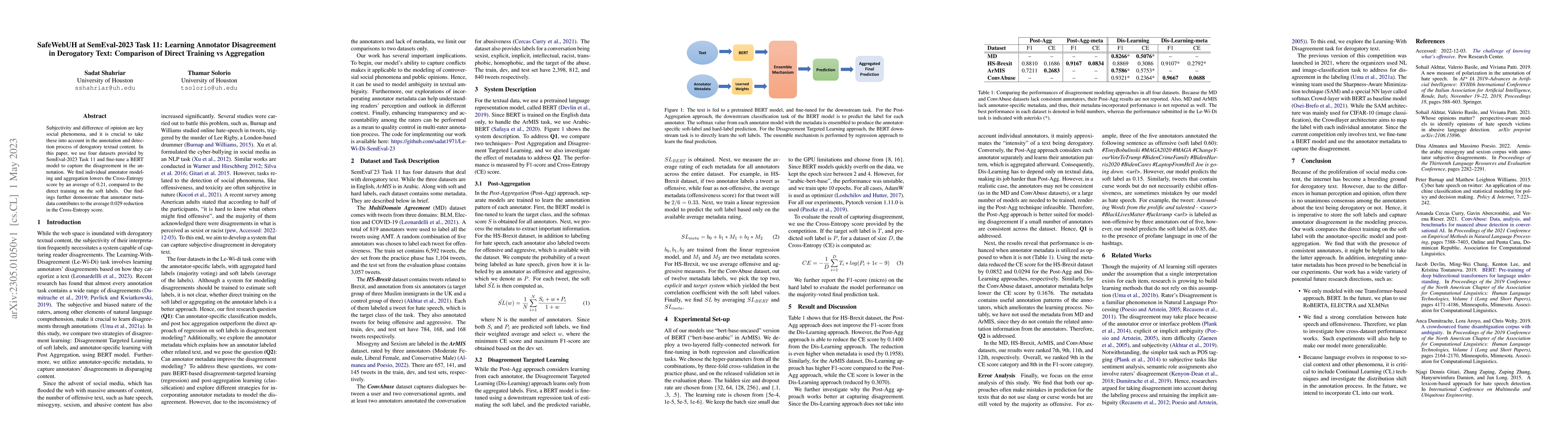 Thumbnail for SafeWebUH at SemEval-2023 Task 11: Learning Annotator Disagreement in
  Derogatory Text: Comparison of Direct Training vs Aggregation