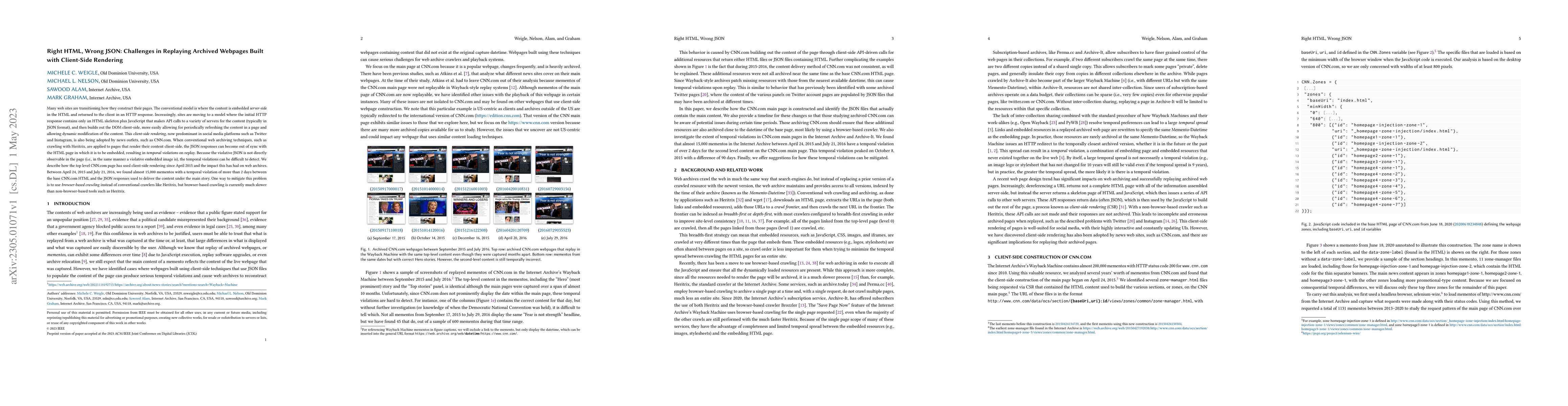 Thumbnail for Right HTML, Wrong JSON: Challenges in Replaying Archived Webpages Built
  with Client-Side Rendering