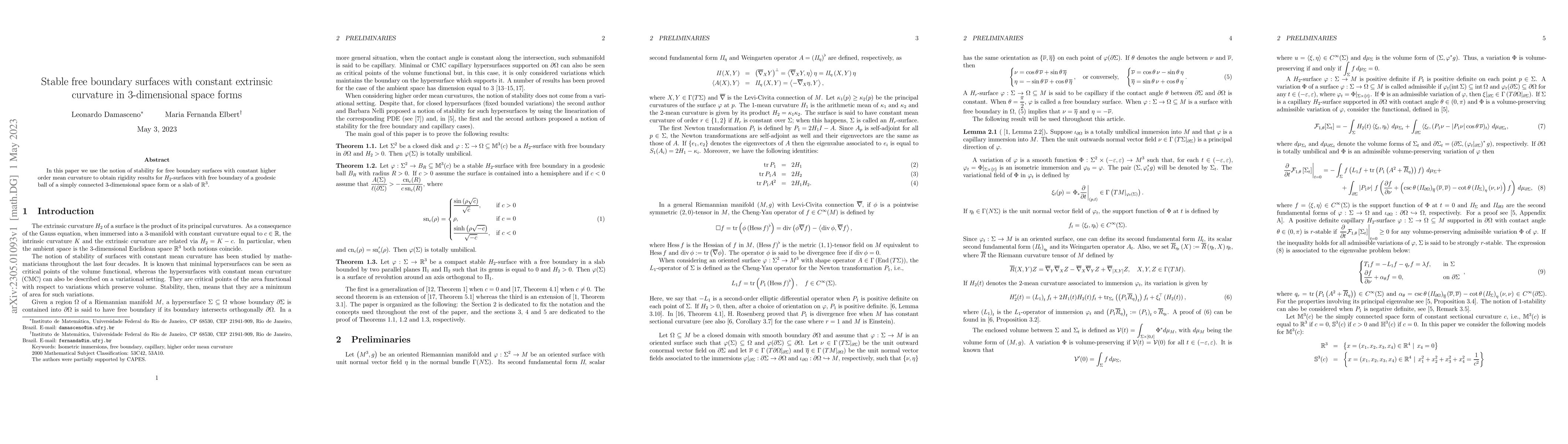 Thumbnail for Stable free boundary surfaces with constant extrinsic curvature in
  $3$-dimensional space forms