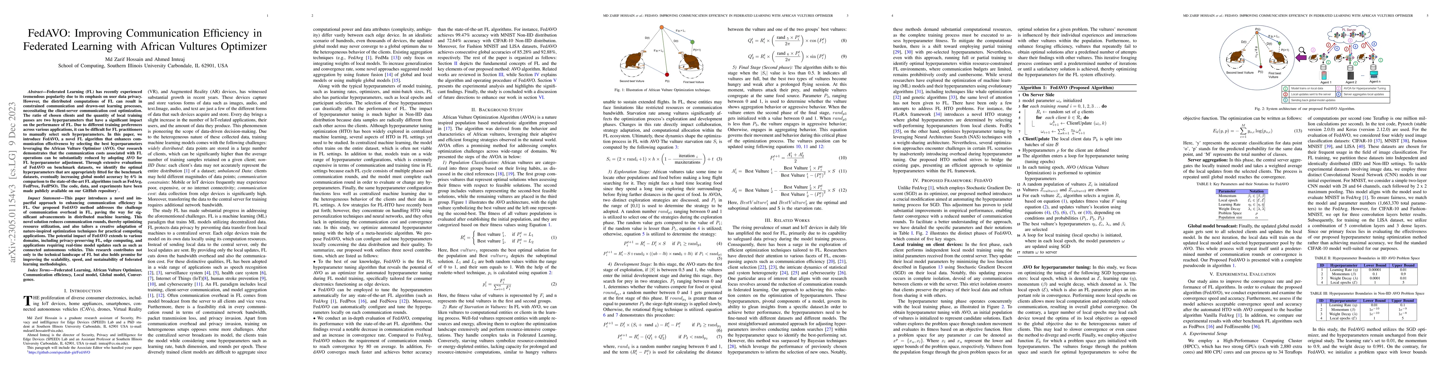 Thumbnail for FedAVO: Improving Communication Efficiency in Federated Learning with
  African Vultures Optimizer