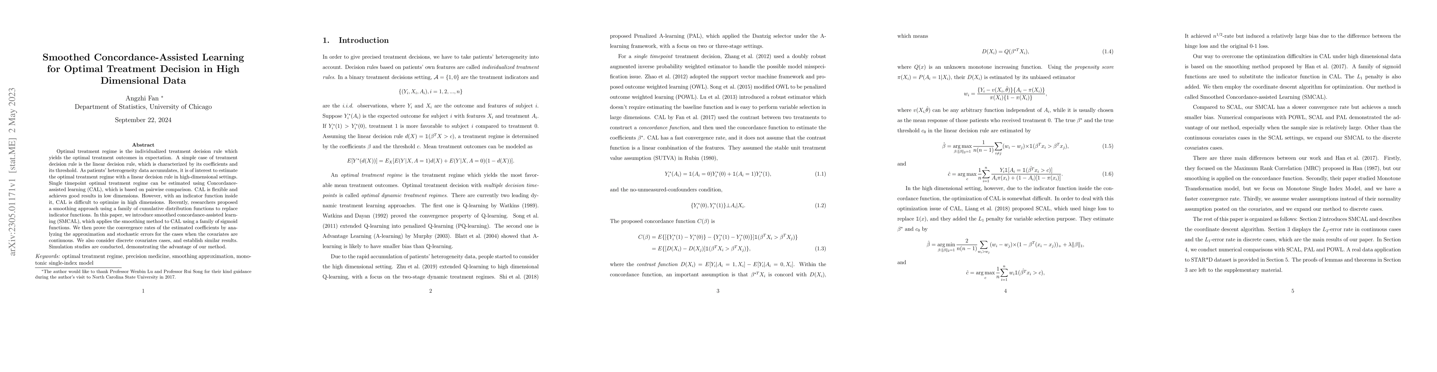 Thumbnail for Smoothed Concordance-Assisted Learning for Optimal Treatment Decision in
  High Dimensional Data