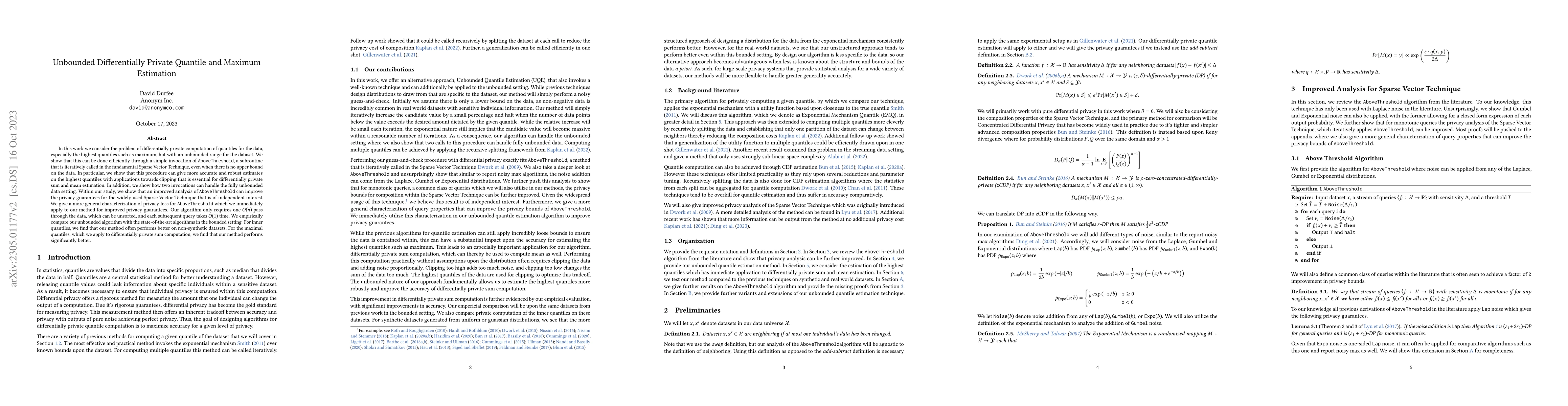 Thumbnail for Unbounded Differentially Private Quantile and Maximum Estimation