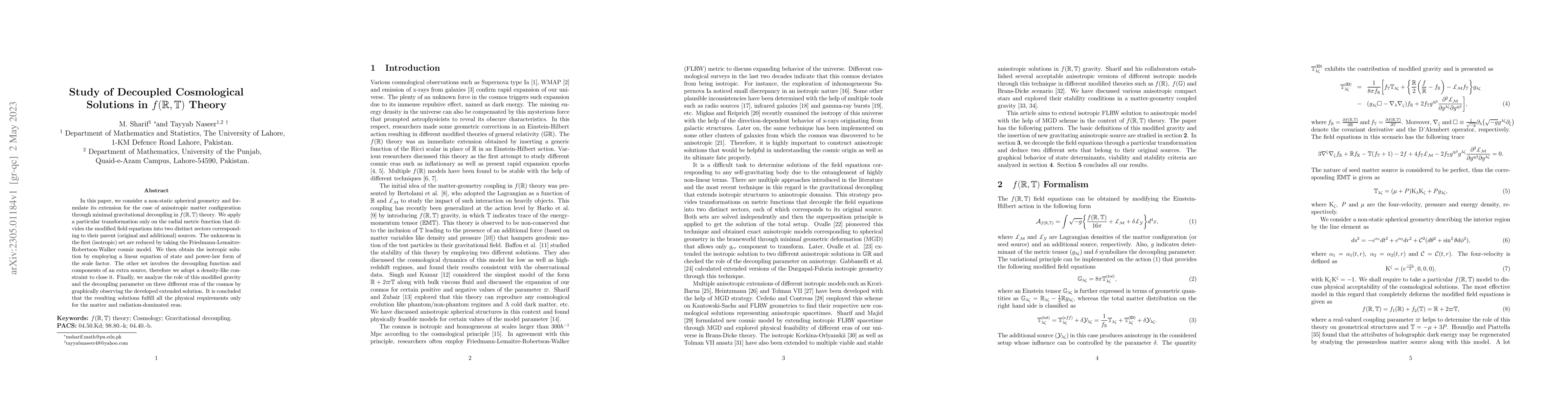 Thumbnail for Study of Decoupled Cosmological Solutions in $f(\mathbb{R},\mathbb{T})$
  Theory