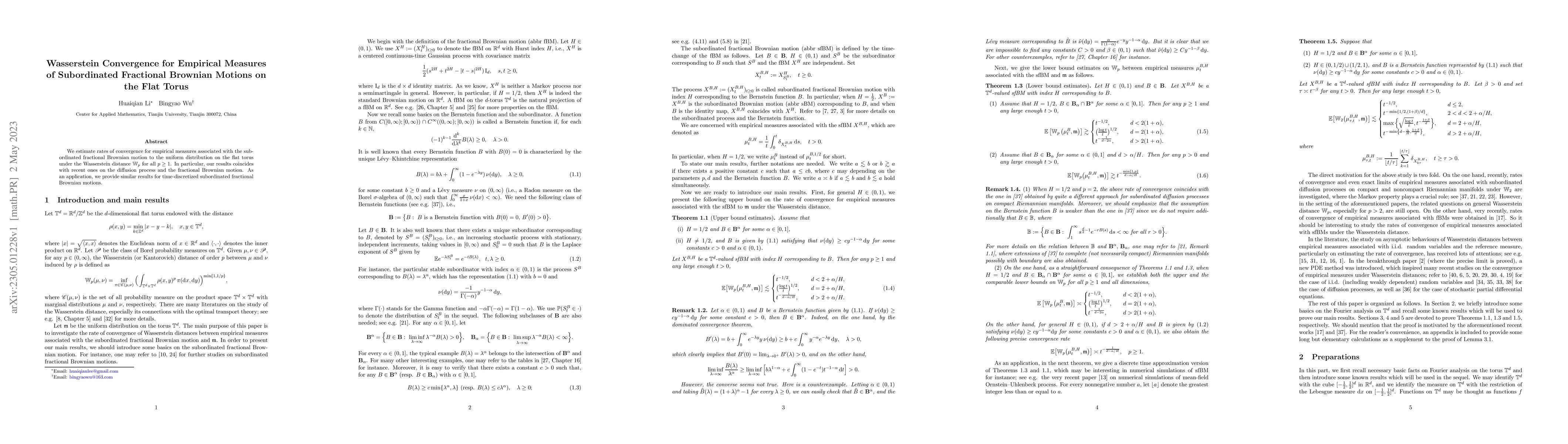 Thumbnail for Wasserstein Convergence for Empirical Measures of Subordinated
  Fractional Brownian Motions on the Flat Torus