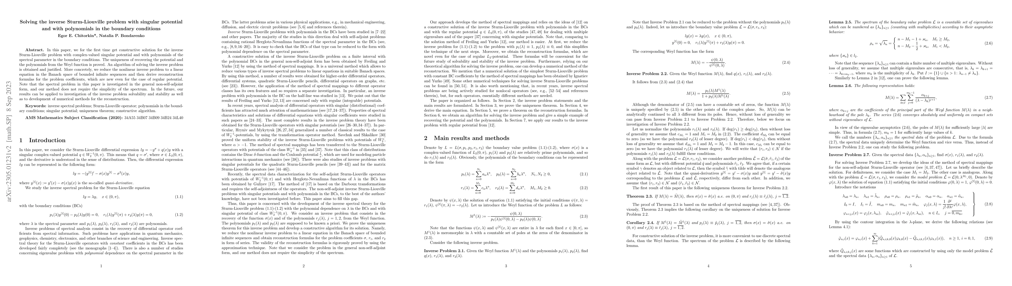 Thumbnail for Solving the inverse Sturm-Liouville problem with singular potential and
  with polynomials in the boundary conditions