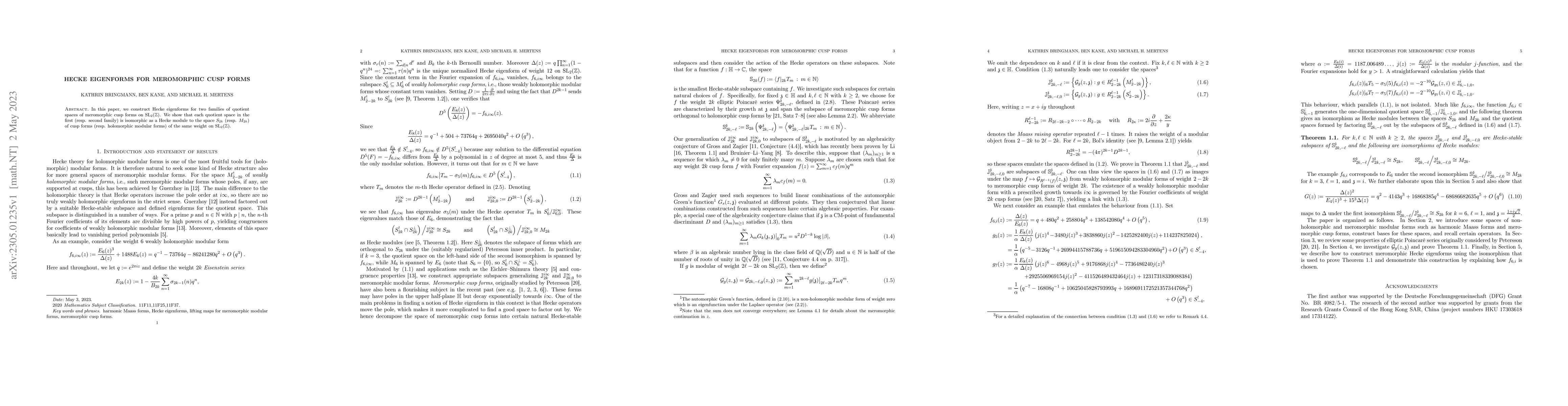 Thumbnail for Hecke eigenforms for meromorphic cusp forms