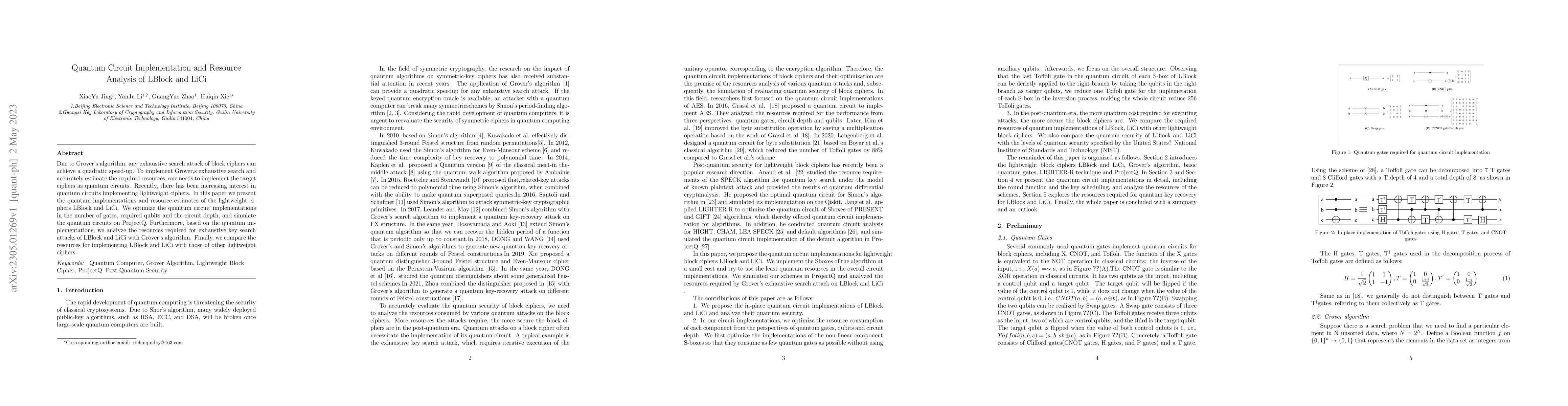 Thumbnail for Quantum Circuit Implementation and Resource Analysis of LBlock and LiCi