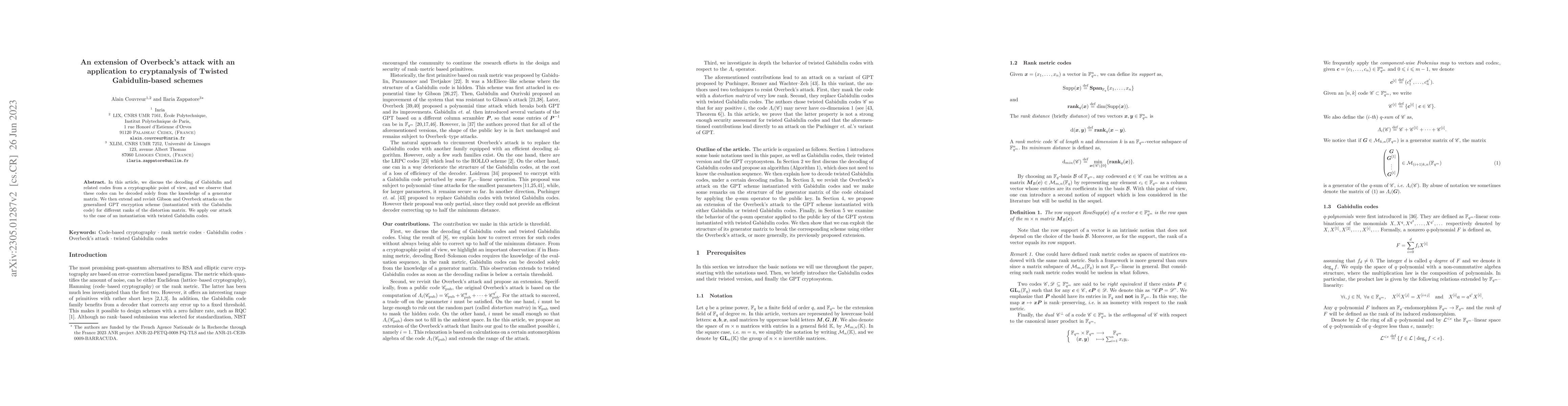 Thumbnail for An extension of Overbeck's attack with an application to cryptanalysis
  of Twisted Gabidulin-based schemes