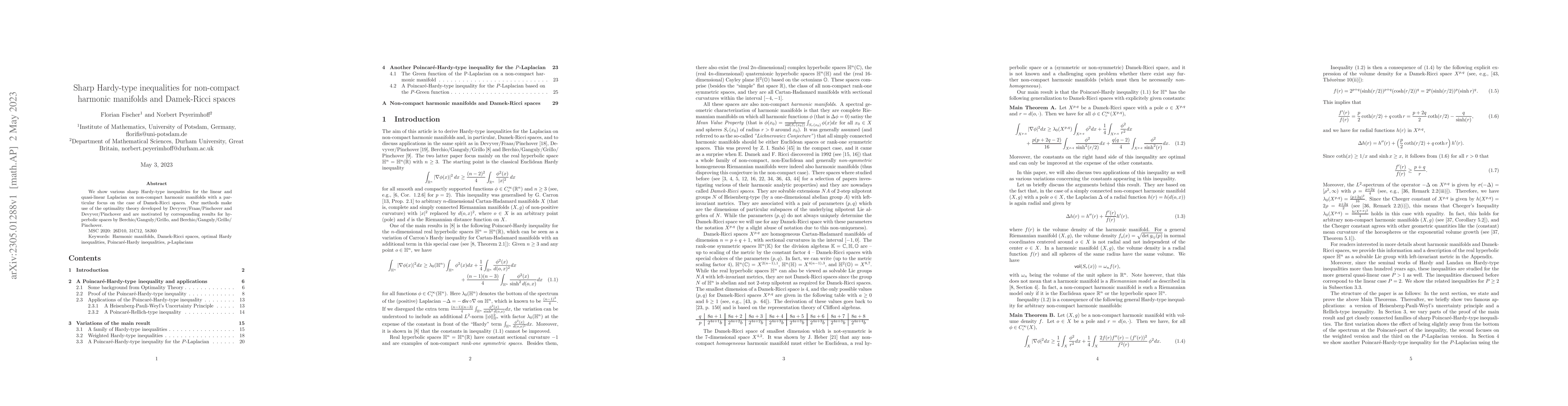 Thumbnail for Sharp Hardy-type inequalities for non-compact harmonic manifolds and
  Damek-Ricci spaces