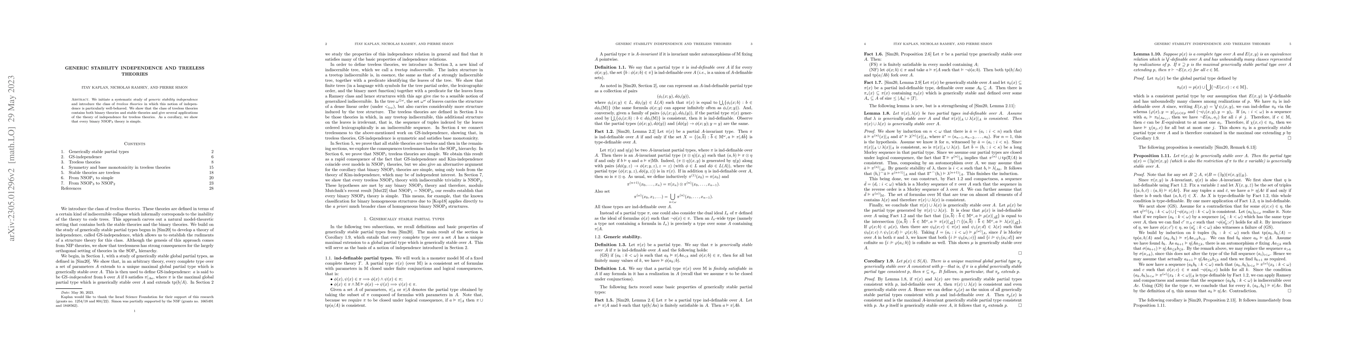 Thumbnail for Generic Stability Independence and Treeless theories