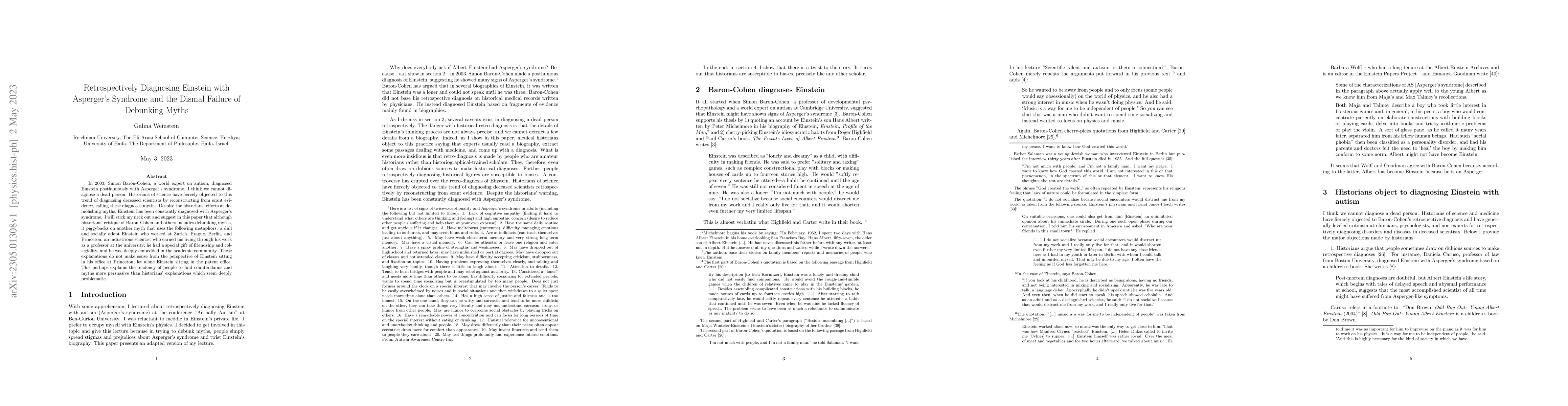 Thumbnail for Retrospectively Diagnosing Einstein with Asperger's Syndrome and the
  Dismal Failure of Debunking Myths