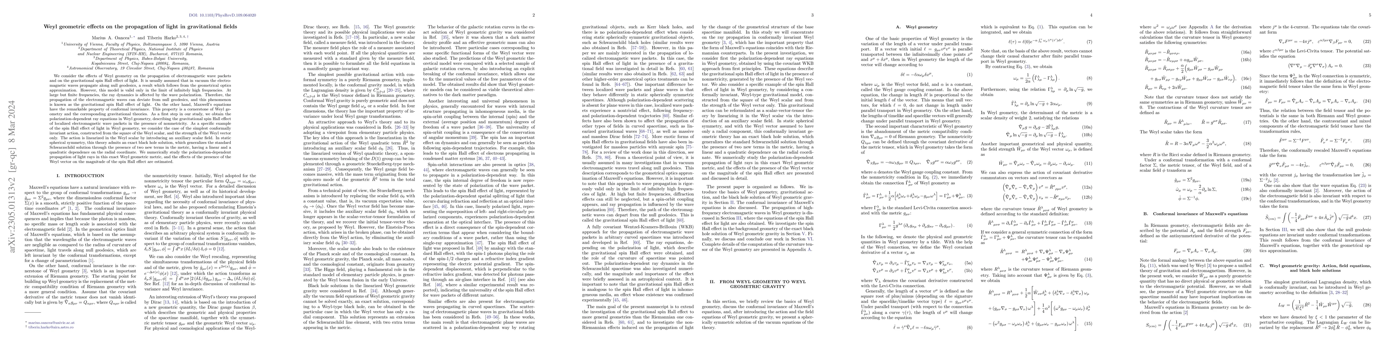 Thumbnail for Weyl geometric effects on the propagation of light in gravitational
  fields