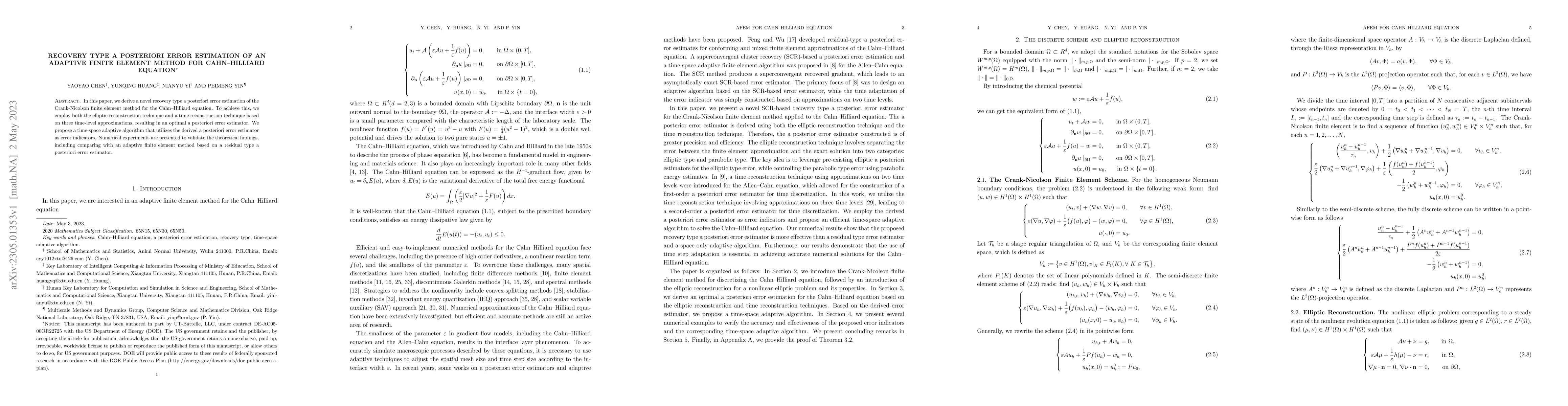 Thumbnail for Recovery type a posteriori error estimation of an adaptive finite
  element method for Cahn--Hilliard equation