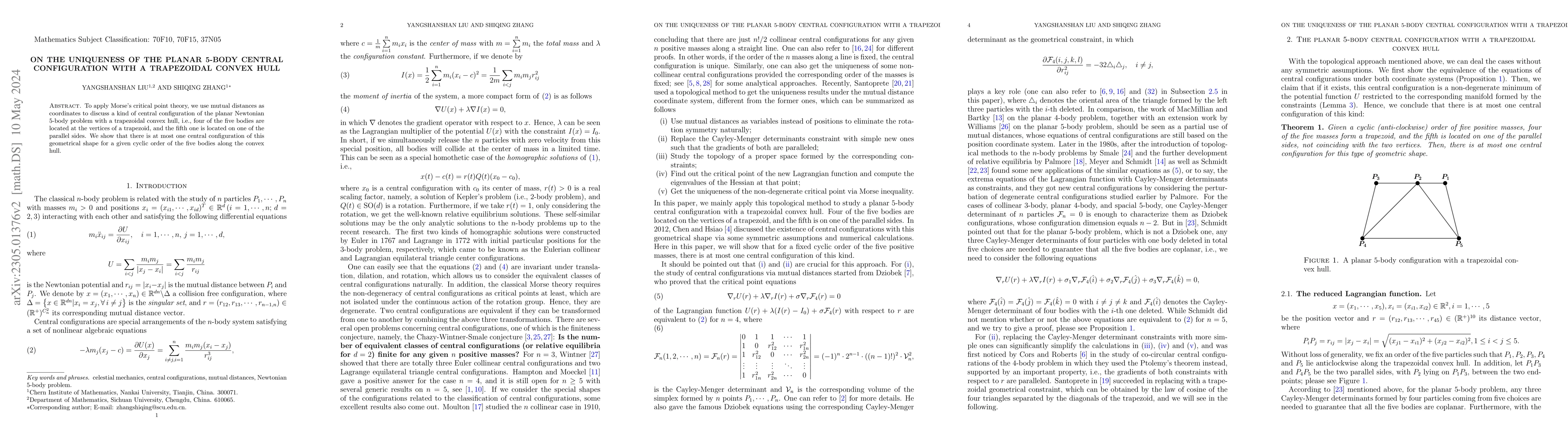 Thumbnail for On the uniqueness of the planar 5-body central configuration with a
  trapezoidal convex hull